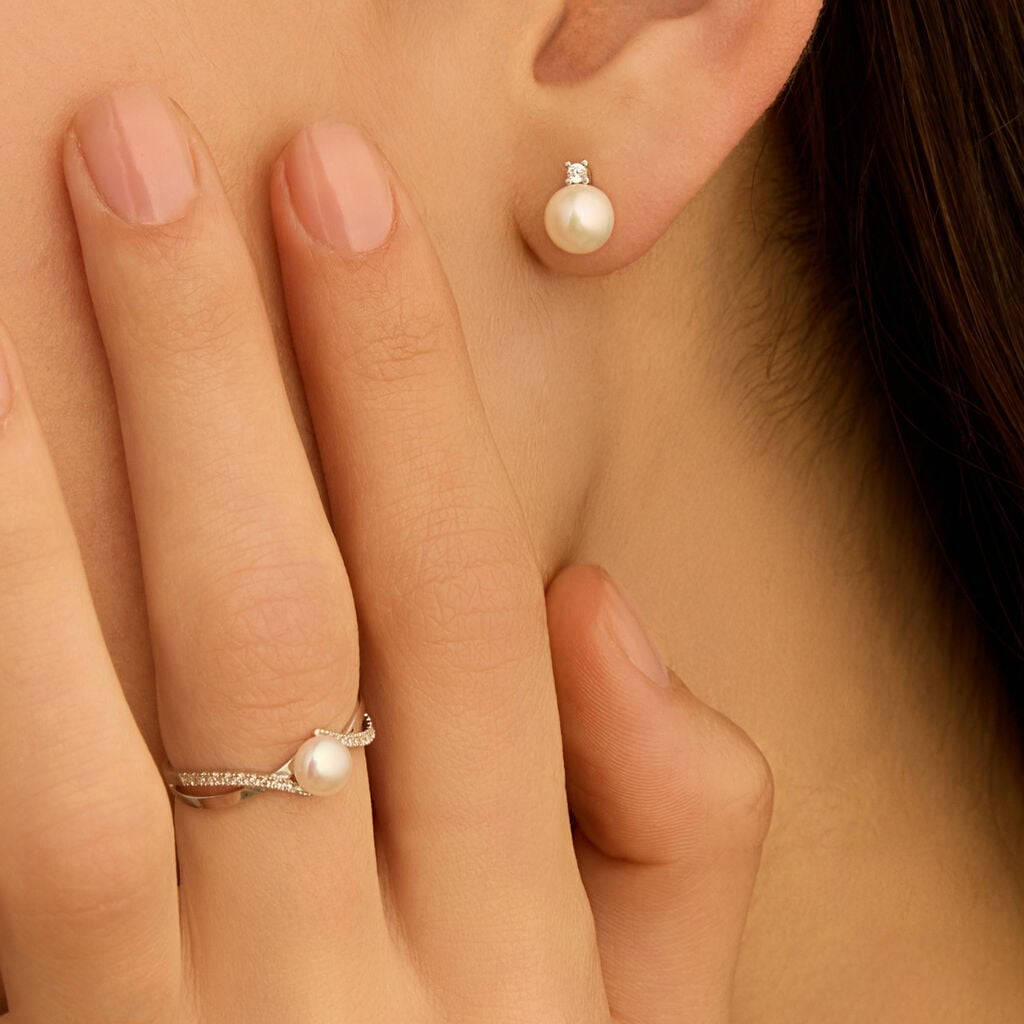 Orecchini Lobo Gabrielle Oro Bianco Perla D'Acqua Dolce Cubic Zirconia