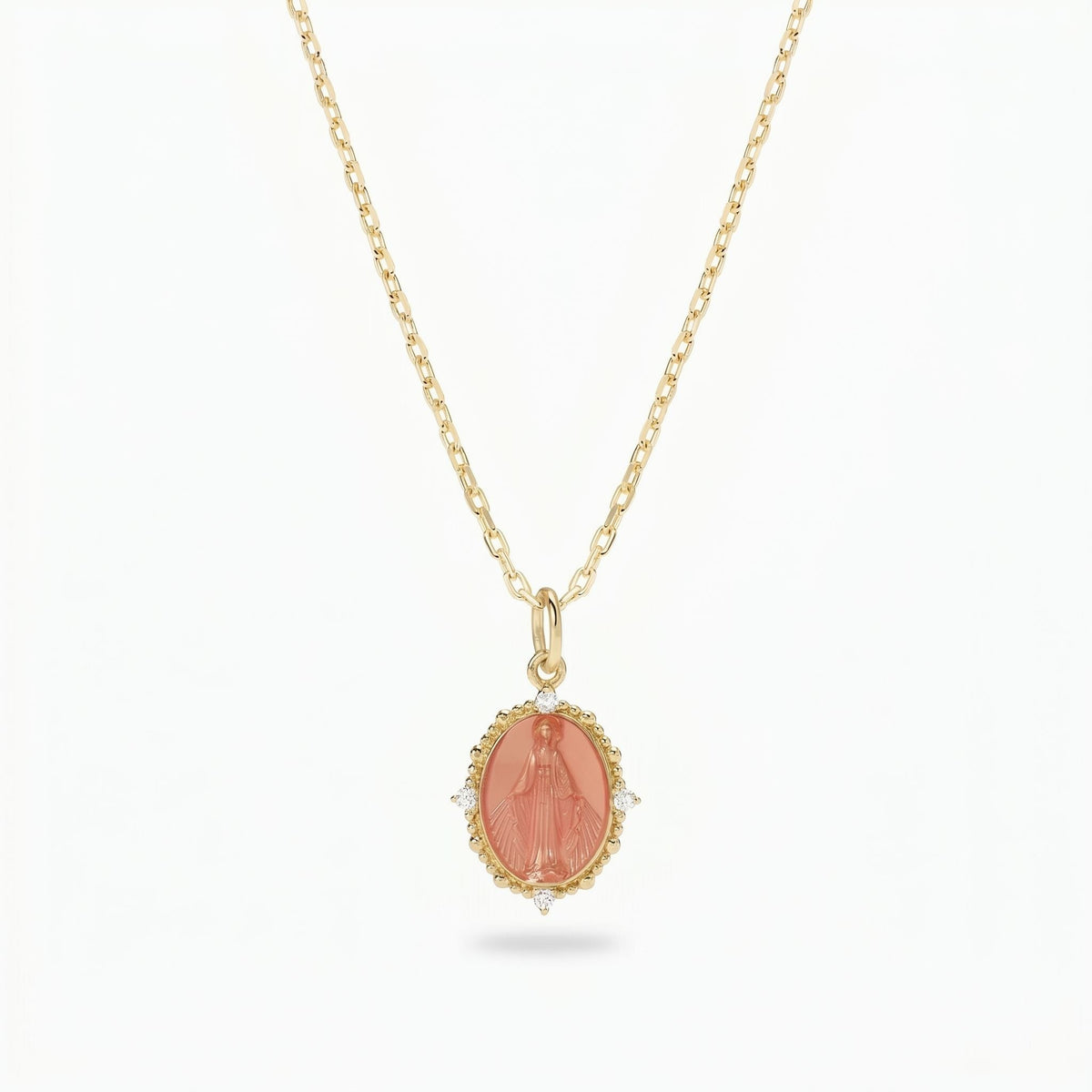 Collana Medaglia Miracolosa in Argento 925 placcato oro 18kt con Smalto pesca e Zirconi