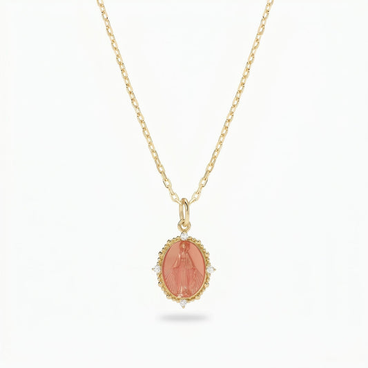 Collana Medaglia Miracolosa in Argento 925 placcato oro 18kt con Smalto pesca e Zirconi