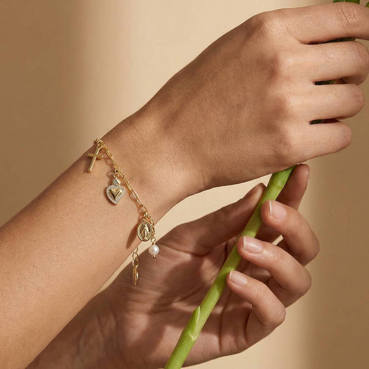 Bracciale Multicharm Sacro Cuore con Perla Dorato
