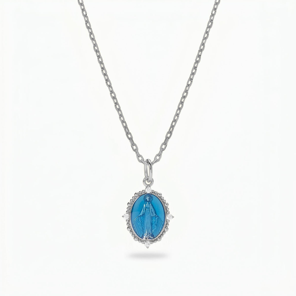 Collana Medaglia Miracolosa in Argento 925 con Smalto blu e Zirconi