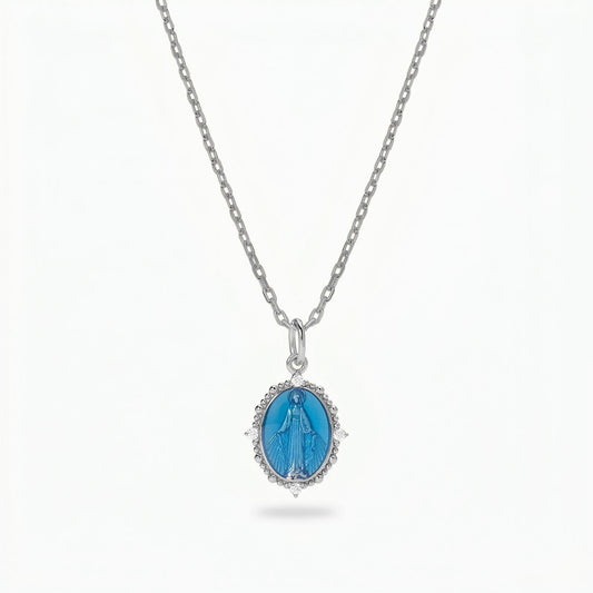 Collana Medaglia Miracolosa in Argento 925 con Smalto blu e Zirconi