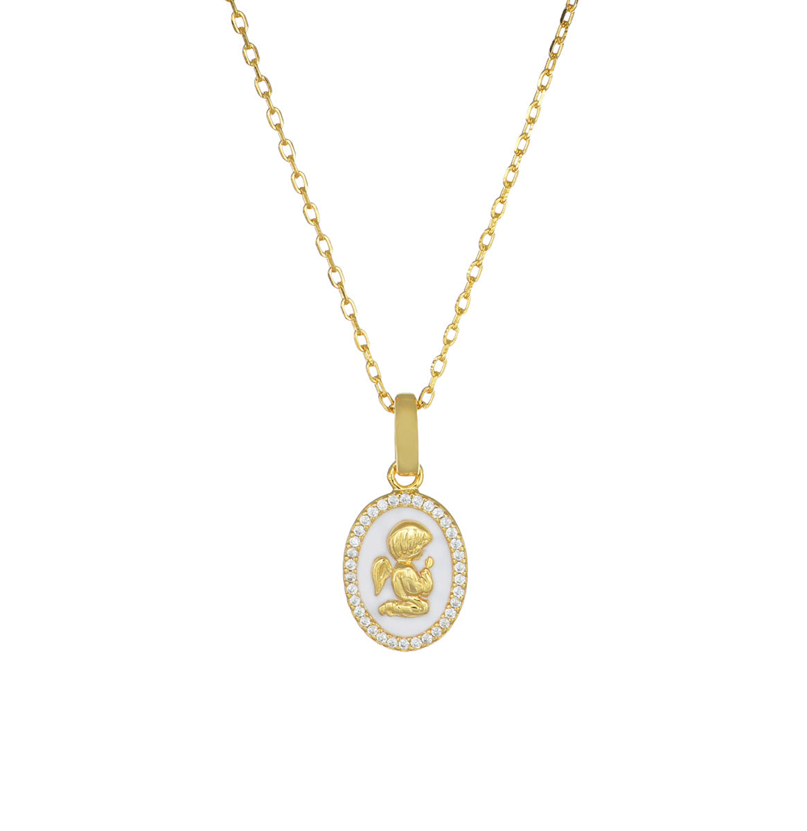 Collana Dorata Angelo Custode con Smalto Bianco e Zirconi