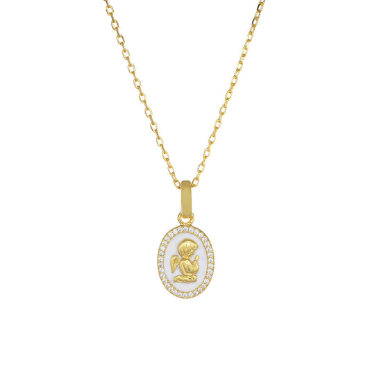 Collana Dorata Angelo Custode con Smalto Bianco e Zirconi