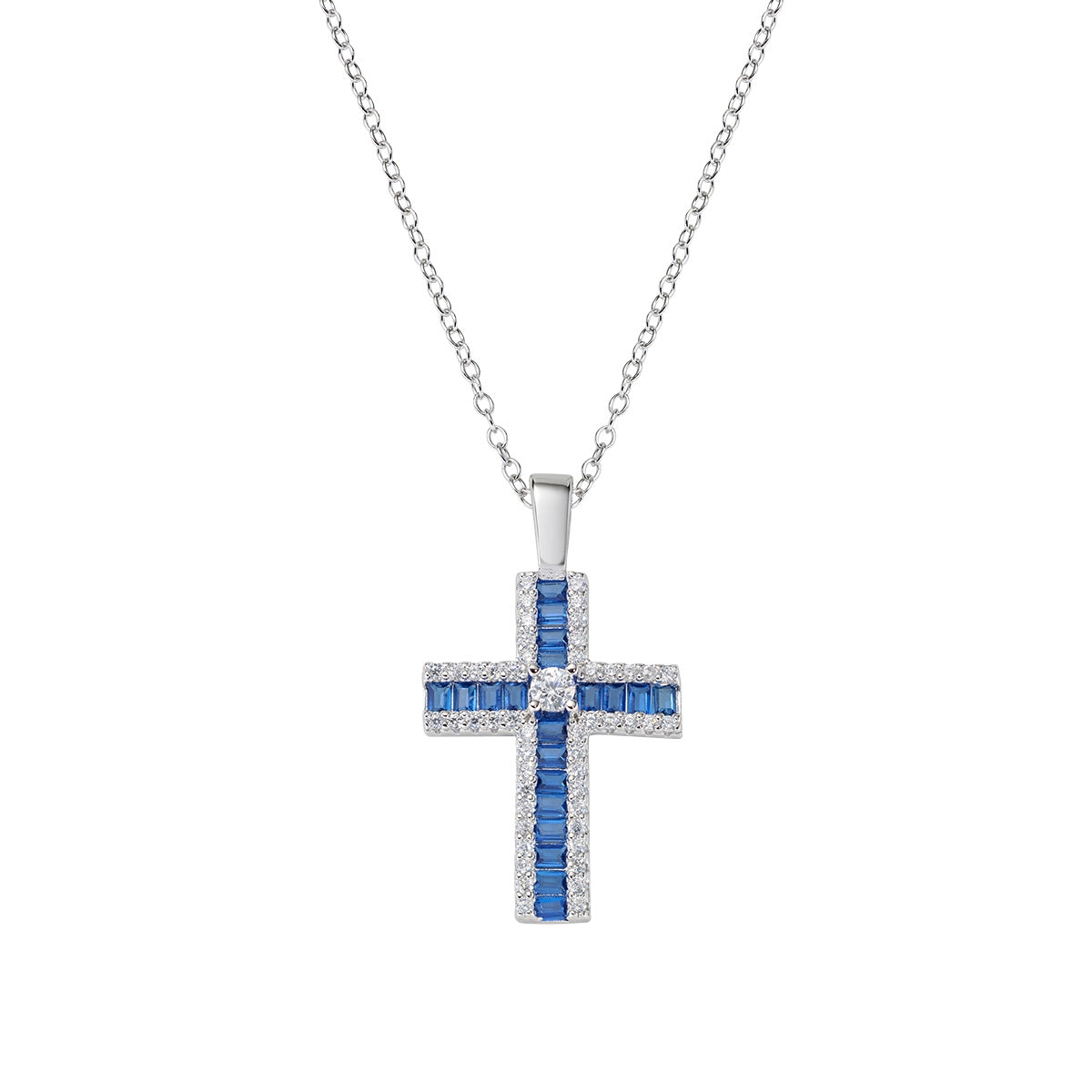 Collana con Croce di Zirconi Blu Baguette e Bianchi