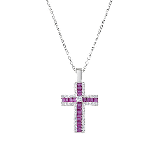 Collana con Croce di Zirconi Rossi Baguette e Bianchi