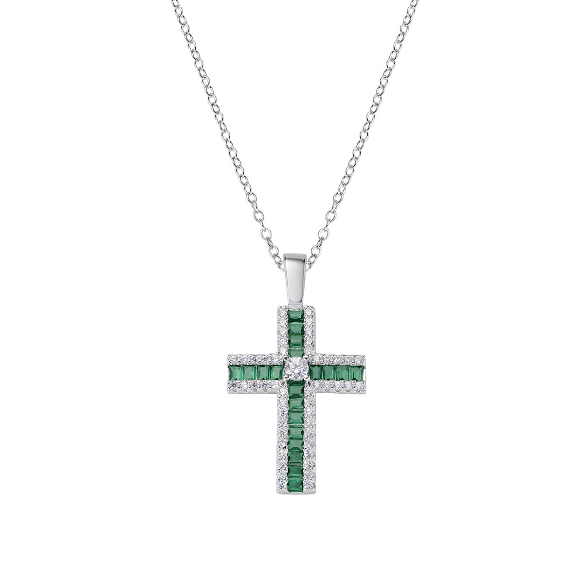 Collana con Croce di Zirconi Verdi Baguette e Bianchi
