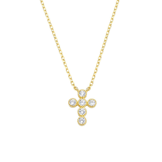 Collana Croce Dorata con Zirconi Bianchi su Castone Tondo