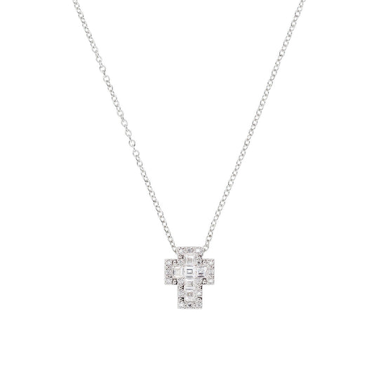 Collana mini Doppia Croce con Zirconi Bianchi