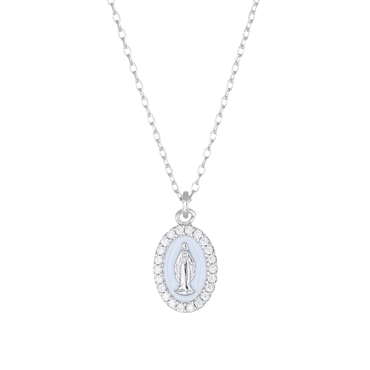 Collana mini Medaglia Miracolosa Rodiata smaltata Bianco Perla