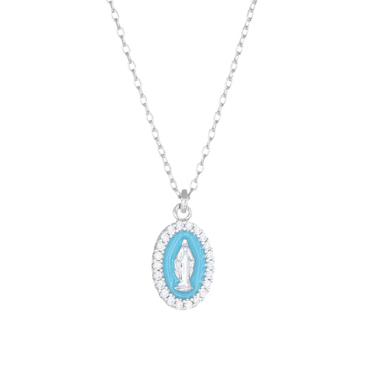 Collana Rodiata mini Medaglia Miracolosa smaltata Turchese
