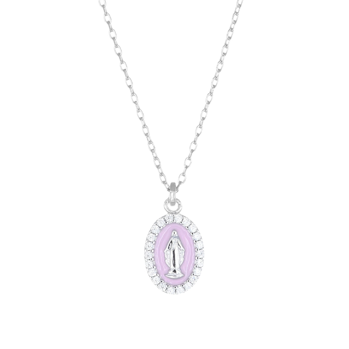 Collana Rodiata mini Medaglia Miracolosa smaltata Rosa Perla