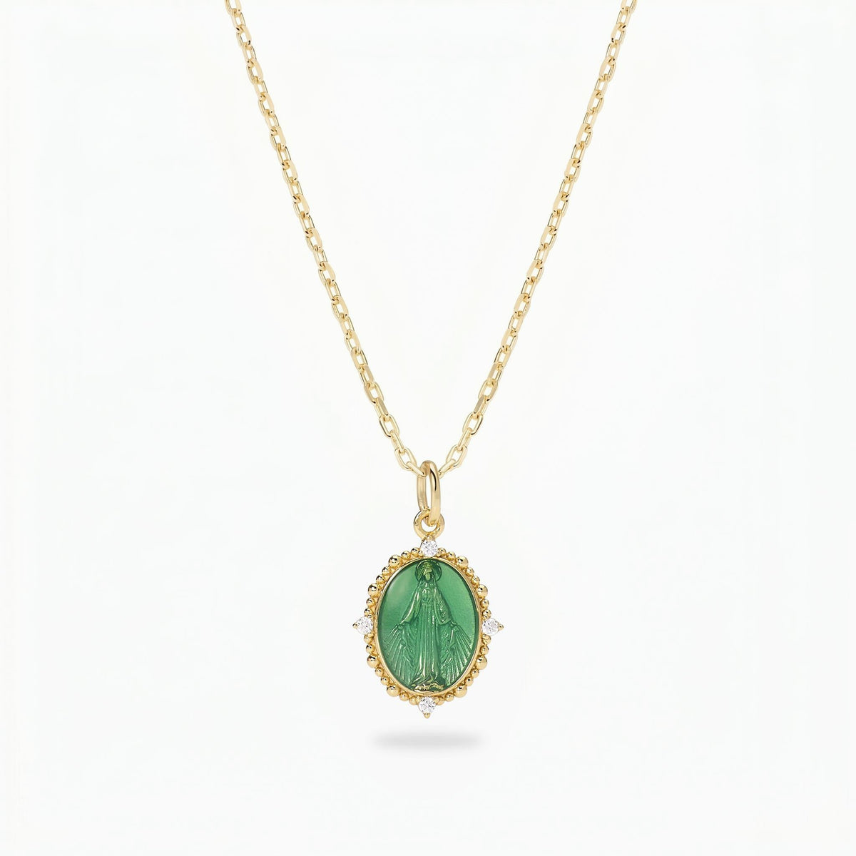 Collana Medaglia Miracolosa in Argento 925 placcato oro 18kt con Smalto verde e Zirconi