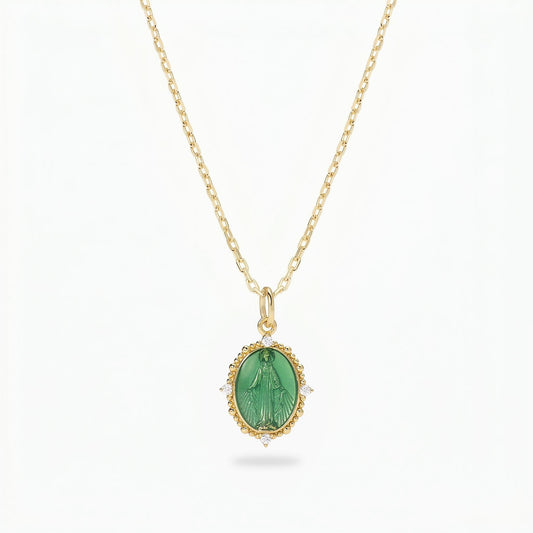 Collana Medaglia Miracolosa in Argento 925 placcato oro 18kt con Smalto verde e Zirconi