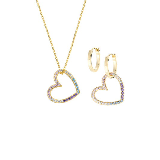 Set  Dorato Collana e Orecchini Due Cuori in Ottone con Zirconi Rainbow