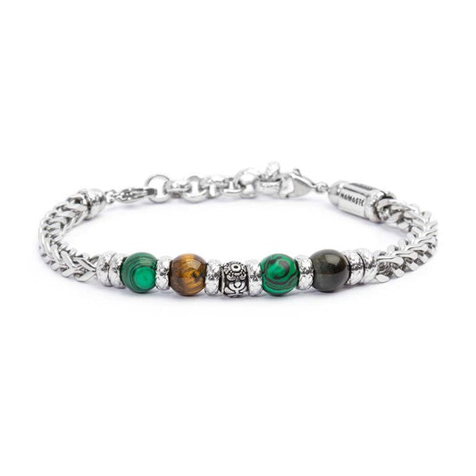 Bracciale catena fishbone con sfere malachite e occhio di tigre - Desidero