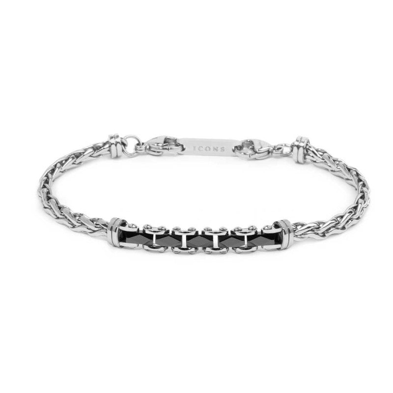 Bracciale catena sonaglio piatta centrale con elementi in ceramica sfaccettata nera lucida