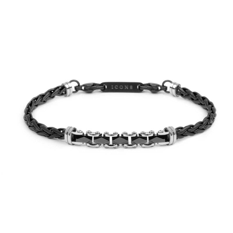 Bracciale catena sonaglio piatta centrale con elementi in ceramica sfaccettata nera lucida