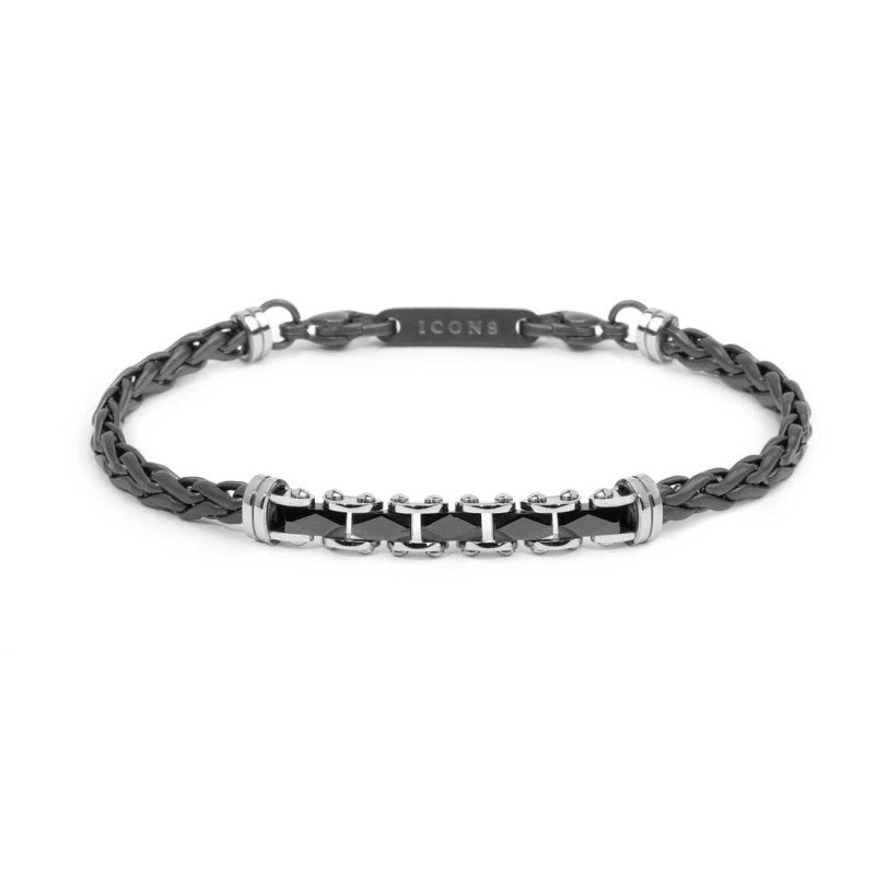Bracciale catena sonaglio piatta centrale con elementi in ceramica sfaccettata nera lucida