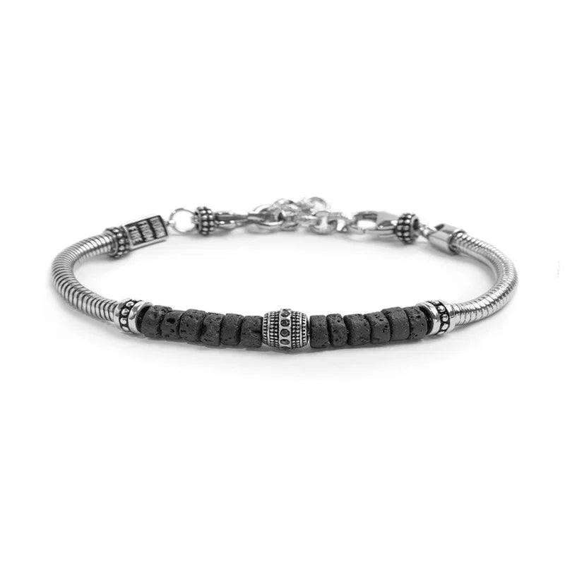 BRACCIALE CON CATENA SNAKE CON ELEMENTO CENTRALE E DISCHETTI IN PIETRA LAVICA