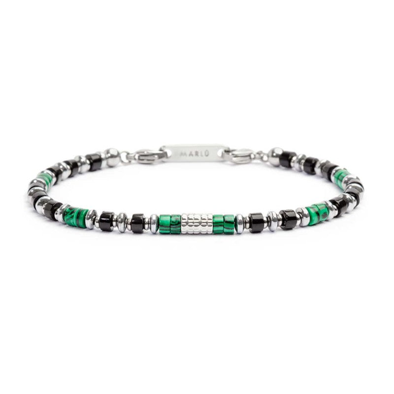Bracciale con rondelle in malachite ed onice nera e cilindro diamantato - Desidero