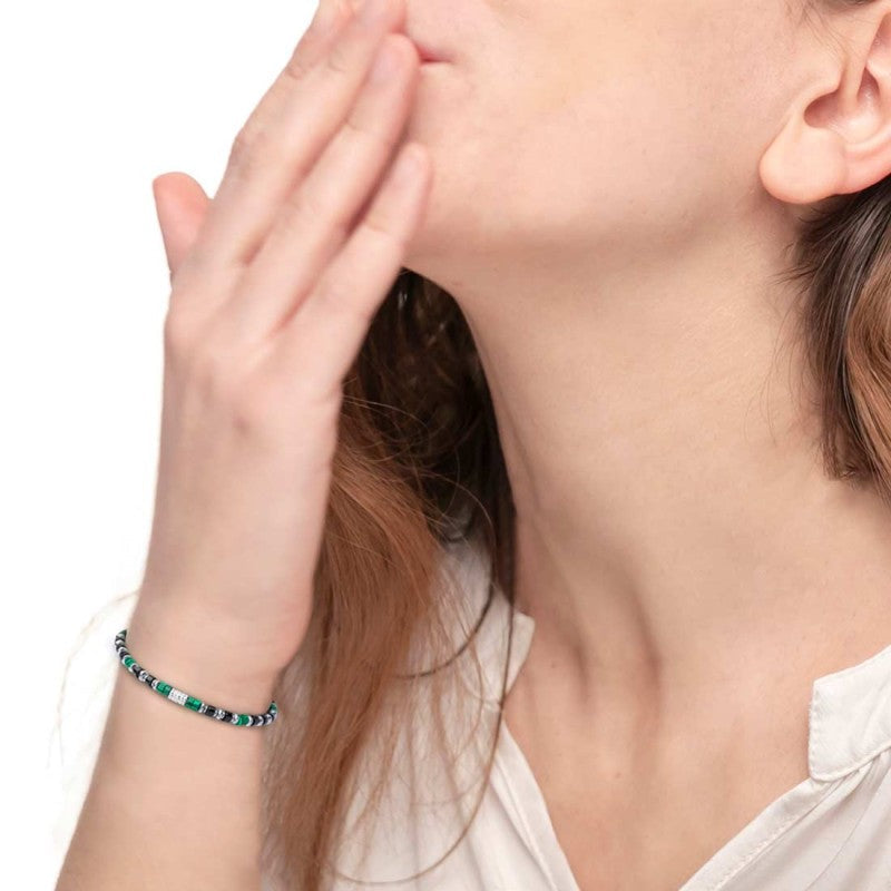 Bracciale con rondelle in malachite ed onice nera e cilindro diamantato - Desidero