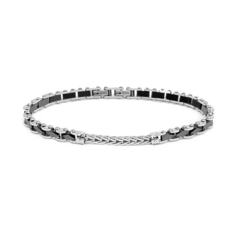 Bracciale elementi ceramica sfaccettata nera lucida e centrale con catena foxtail piatta