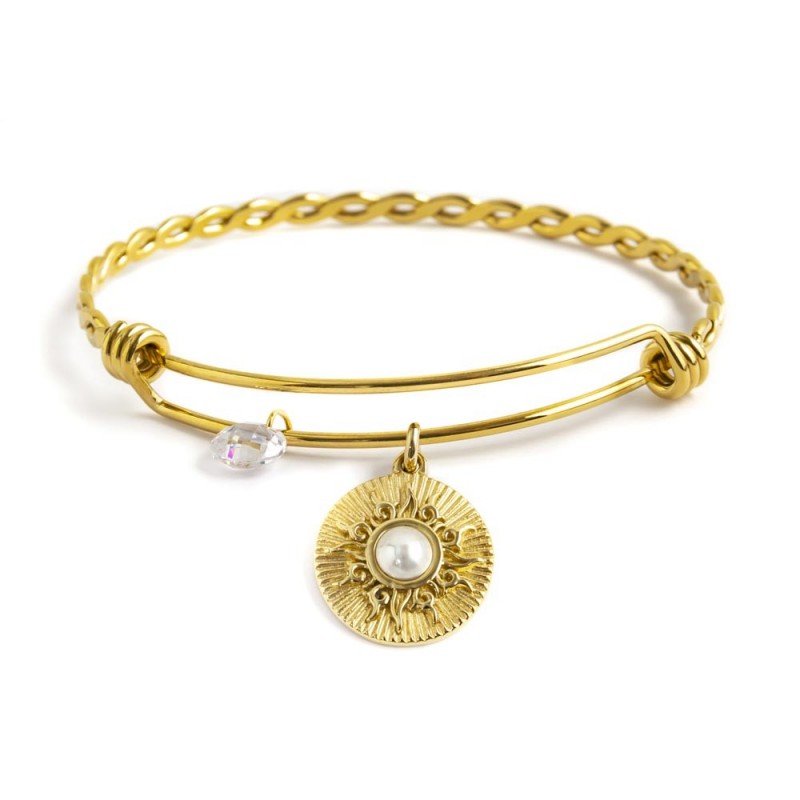 33br0016g Bracciale rigido bangle pendente sole con perla e cristallo