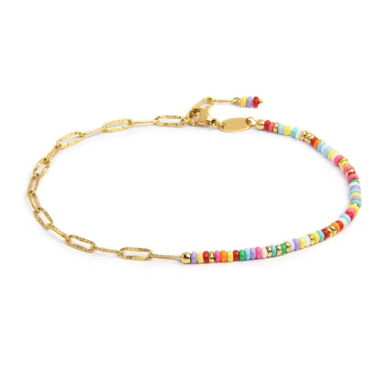 CAVIGLIERA CATENA CON PERLINE DI PLASTICA COLORATE E CATENA A MAGLIA ALLUNGATA