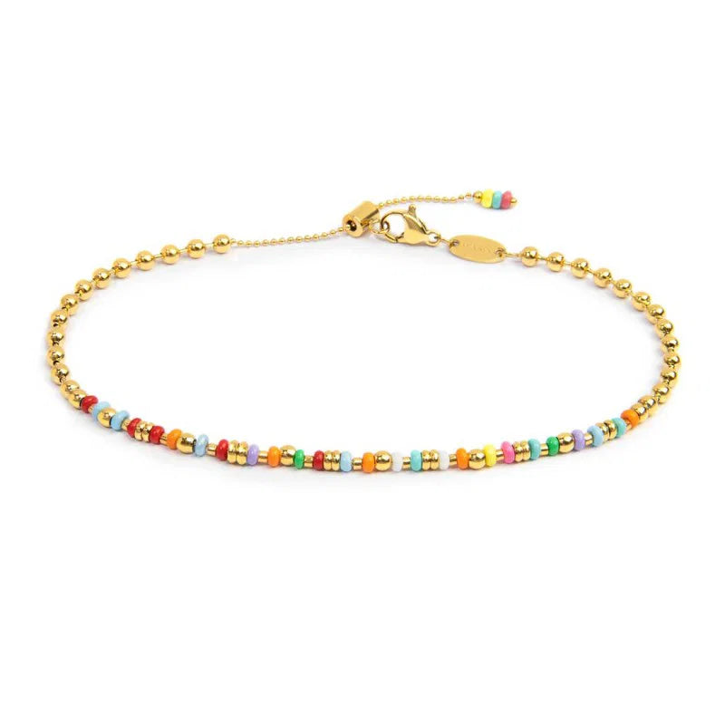 CAVIGLIERA CATENA CON SFERE E PERLINE DI PLASTICA COLORATE ORO