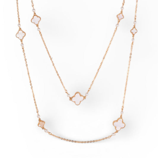 COLLANA LUNGA CON QUADRIFOGLI E PERLE