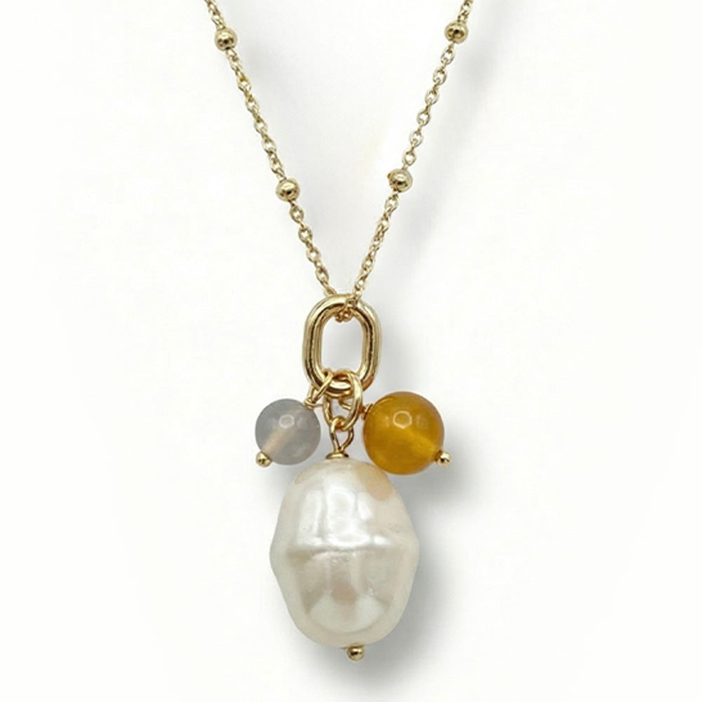 COLLANA LUNGA CON PERLA PENDENTE IRREGOLARE E SFERE COLORATE