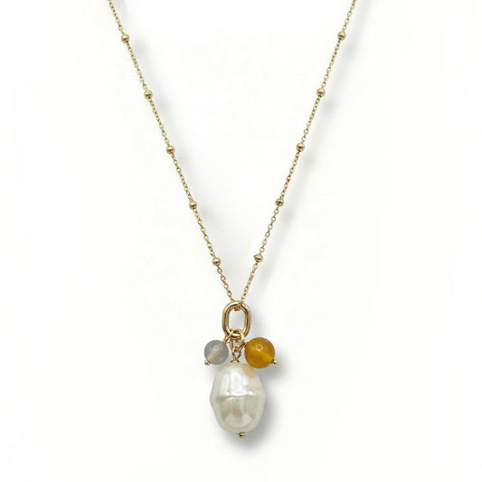 COLLANA LUNGA CON PERLA PENDENTE IRREGOLARE E SFERE COLORATE
