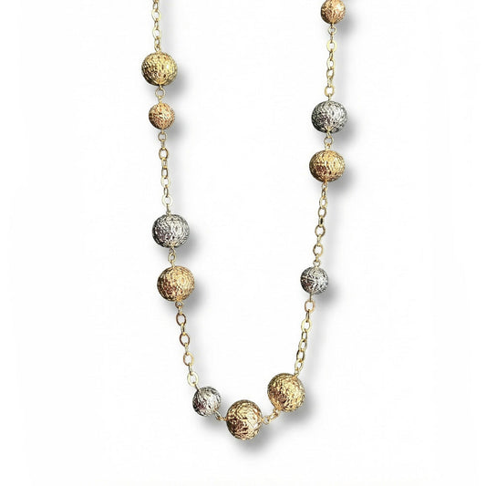COLLANA LUNGA CON SFERE INTAGLIATE DI DIVERSE GRANDEZZE E COLORI