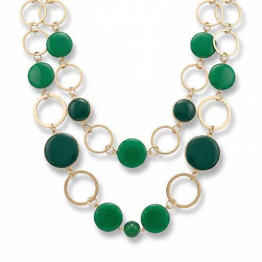 COLLANA LUNGA A DOPPIO FILO CON ELEMENTI CIRCOLARI COLORATI