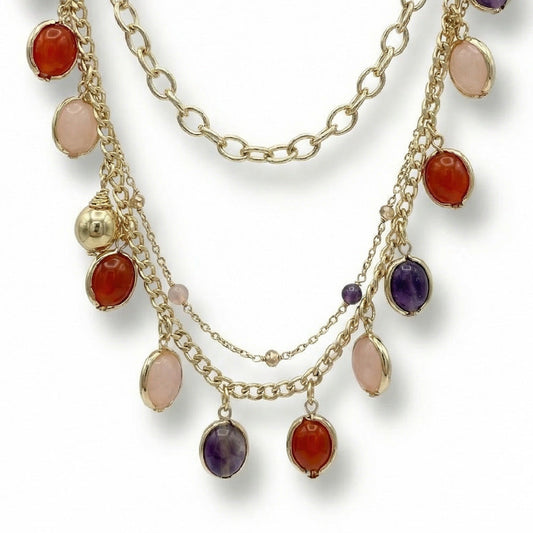 COLLANA MEDIA MULTIFILO CON SFERE COLORATE PENDENTI E DETTAGLI LATERALI CON STRASS