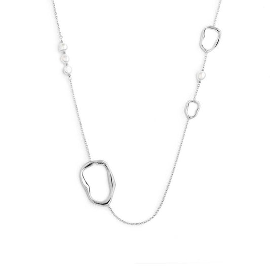 Collana catena con tre elementi di diverse dimensioni a forma organica e perle