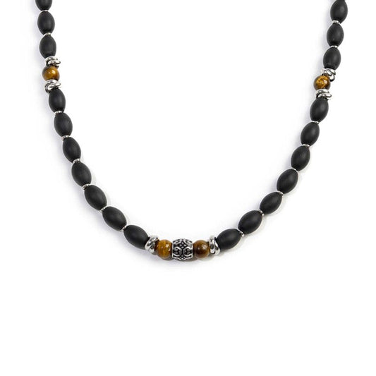 Collana con onice nera ovale e sfere occhio di tigre