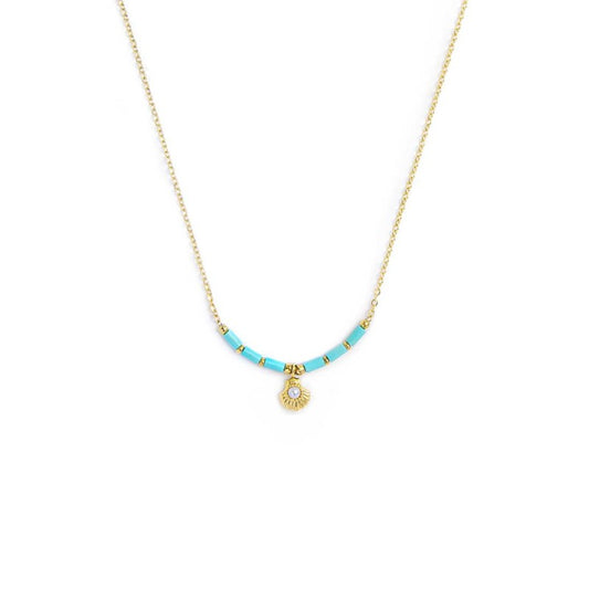 Collana conchiglia pendente con perla e perline a tubo turchesi