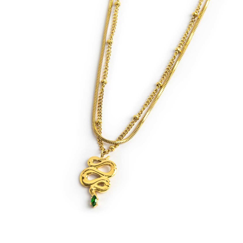 Collana doppia catena snake quadrata con serpente pendente - Desidero