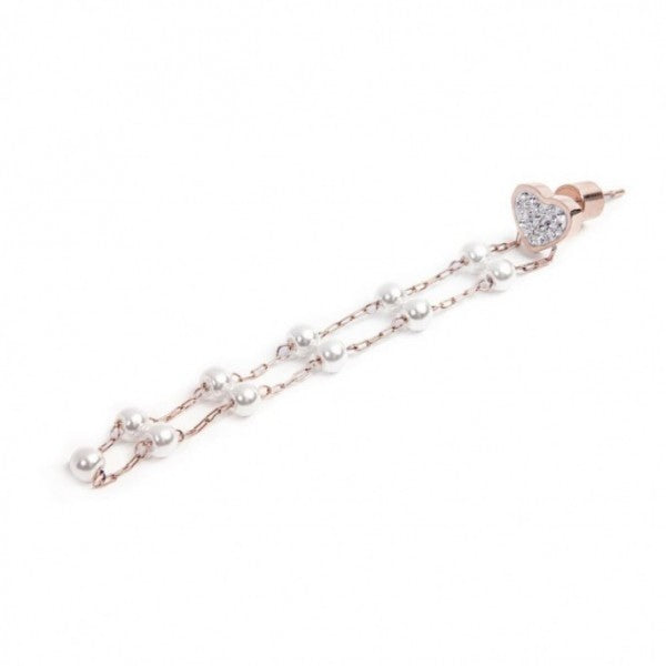 15OR015R-W ORECCHINO CATENA CON PERLE E CUORE CON CRISTALLI
